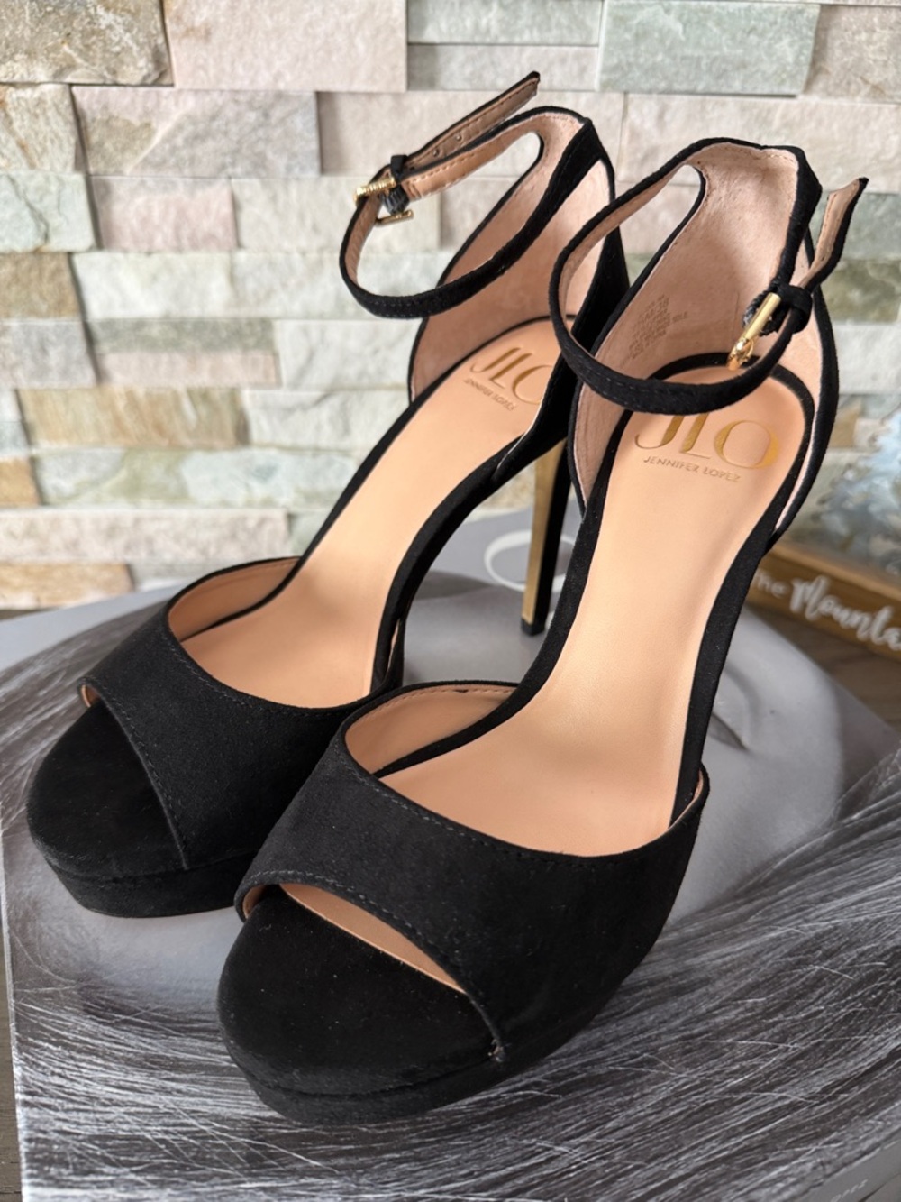 Jennifer Lopez Black Suede Open-Toe Ankle-Strap Stilettos